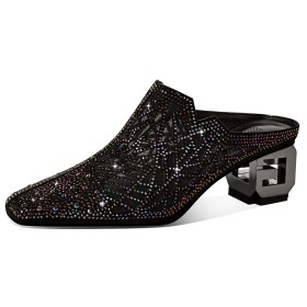 Scarpe Da Sera Nero Scarpe Cerimonia Moda Scamosciate Pelle 5 cm Tacco Basso Con Strass Tacchi Largo Paillettes Sandali