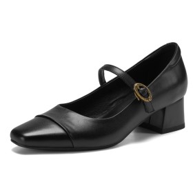 2 inch Low Heel Belt Buckle Chunky Beautiful Block Heels Black Leather Business Casual Classic With Ankle Strap