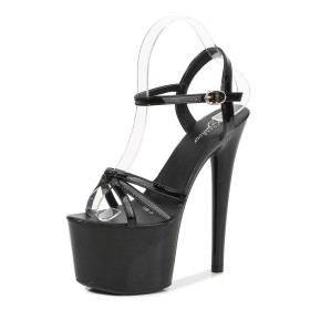 Patent Leather Black Peep Toe Sandals Strappy 7 inch High Heeled Classic Platform Stilettos