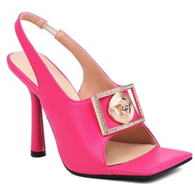 Fuchsia Going Out Shoes With Buckle Peep Toe Faux Leather Sandals Stilettos Belt Buckle 4 inch High Heeled