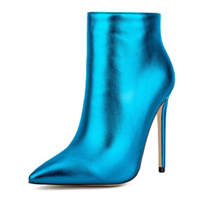 Fur Lined Sparkly Faux Leather Dress Shoes Stiletto Elegant Blue Ankle Boots For Women Metallic High Heel Patent Leather