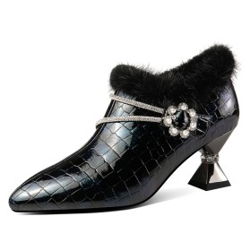 Shooties Shoes Fur Patent Elegant Snake Printed Dress Shoes Leather Pearls Rhinestones Ombre 2023 Black Closed Toe Pointed Toe 2 inch Low Heel Sparkly Chunky Heel