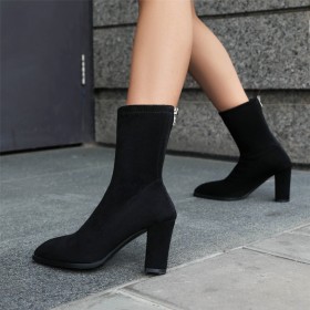 Spitse Neus Imitatieleer Sock Boots Suède Blokhakken Enkellaarsjes Klassiek 8 cm High Heel