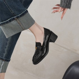 Classic Natural Leather Vintage Chunky Heel Business Casual Block Heels Mid Heels Loafers
