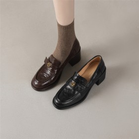 Classic Natural Leather Vintage Chunky Heel Business Casual Block Heels Mid Heels Loafers