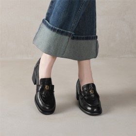 Classic Natural Leather Vintage Chunky Heel Business Casual Block Heels Mid Heels Loafers