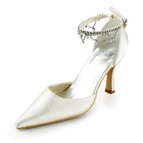 Formal Dress Shoes 8 cm High Heels Rhinestones Beautiful Ivory Evening Shoes Ankle Strap