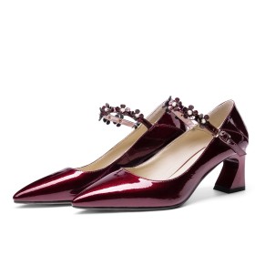 Classique Talon Mi Haut Chaussures Bride Cheville Talons Epais Ceremonie Bordeaux Élégant Escarpins Perlée Fleurs