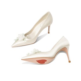 Bruidsschoen Gala 8 cm Hoge Hak Luxe Pumps Instapper Satijnen Vintage Witte Schoenen Dames