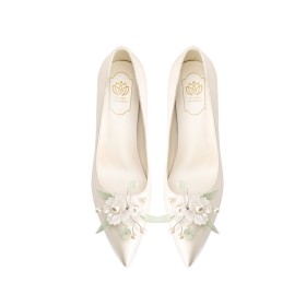 Bruidsschoen Gala 8 cm Hoge Hak Luxe Pumps Instapper Satijnen Vintage Witte Schoenen Dames