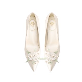 Decollete A Punta Scarpe Da Cerimonia A Fiori Con Perle Punta Chiusa Eleganti Vintage Scarpe Matrimonio 8 cm Tacchi Alto