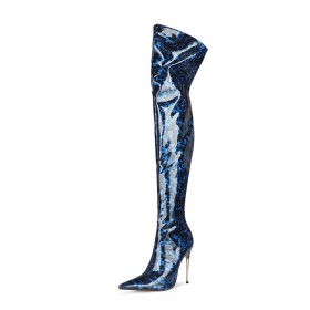 Patent Leather Royal Blue Thigh High Boots Leopard Print Stiletto Pointed Toe Fur Lined Tall Boots High Heels Classic