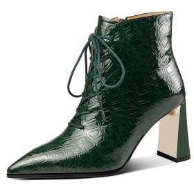 Elegant Chunky Heel Embossed Booties For Women Lace Up Casual Pointed Toe Leather High Heel