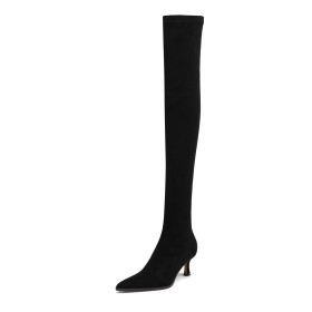 Elegante Schwarze Moderne Gefütterte Spitz Stretch Hohe Stiefel Overknee Stiefel Wildleder 6 cm Mittlerer Absatz Sock Mit Blockabsatz