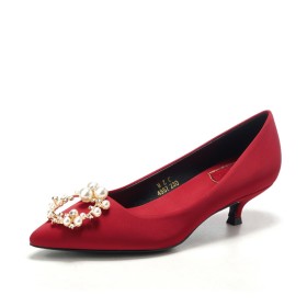 Burgundy Elegant Low Heel Pearl Pumps Comfortable Wedding Shoes For Women Pointed Toe