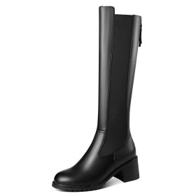 Riding Fur Lined Black Stretch Block Heel Thick Heel Low Heels Spring Knee High Boots Classic Comfort Leather Tall Boot
