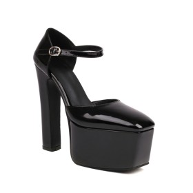 Elegant Faux Leather Belt Buckle D orsay Platform Dress Shoes Patent Leather Block Heel 15 cm High Heels Chunky Heel Sandals