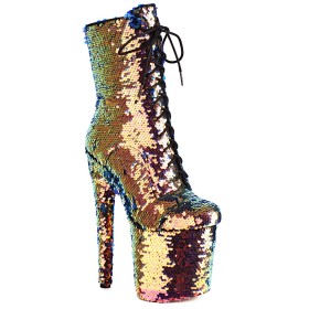 Gradient Pole Dance Shoes Sequin Stiletto Heels Gold Multicolor 8 inch Extreme High Heel Sparkly Ankle Boots For Women