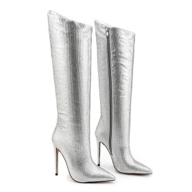12 cm High Heel Silver Sparkly Going Out Shoes Glitter Modern Rhinestones Tall Boot Formal Dress Shoes Thigh High Boots Pointed Toe Stiletto Heels