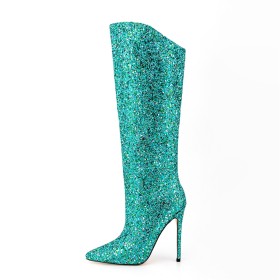 Bottes Hautes À Talon Brillante Moderne Chaussures Ceremonie Paillettes Turquoise