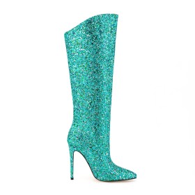 Bottes Hautes À Talon Brillante Moderne Chaussures Ceremonie Paillettes Turquoise