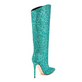 Bottes Hautes À Talon Brillante Moderne Chaussures Ceremonie Paillettes Turquoise