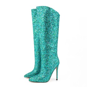 Bottes Hautes À Talon Brillante Moderne Chaussures Ceremonie Paillettes Turquoise