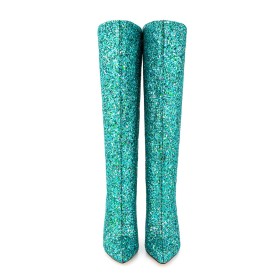 Bottes Hautes À Talon Brillante Moderne Chaussures Ceremonie Paillettes Turquoise