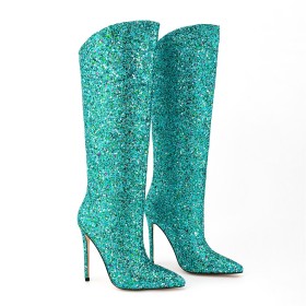 Sequin Turquoise Knee High Boot For Women 2024 Stilettos 12 cm High Heel Sparkly