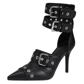 With Buckle Belt Buckle Studded Stiletto Heels Sandals Black With Ankle Strap 4 inch High Heel