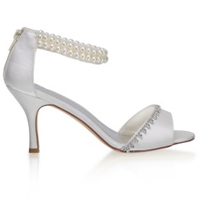 Brautschuhe Weiße High Heel Stiletto Elegante Abendschuhe Mit Perle Peeptoes Mit Strasssteine