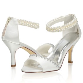 Fermeture Éclair Satin Bout Ouvert Ete Sandale Femme Blanche Talon Aiguille Strass Belle A Talon Perlée Chaussure De Mariée À Bride Cheville