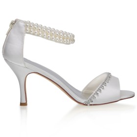 Strass Satin Högklackade Sommar Sandaletter Dam Vita Peeptoes Eleganta Med Ankelrem Brudskor