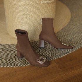 Faux Leather Sock Boots Classic Suede Rhinestones Block Heels With Metal Jewelry Booties Chunky Heel Elegant Mid High Heeled