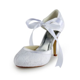 With Ankle Strap Bridal Shoes 10 cm High Heel With Bow Elegant White Lace