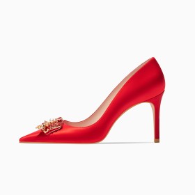 Escarpin Chaussure Femme Chaussure De Soirée Ceremonie Rouge A Talon 8 cm Avec Strass Chaussures Mariée Vintage