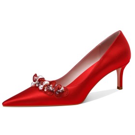 Ballschuhe Damenschuhe Rote Brautschuhe Stilettos Geblümte Vintage Pumps Elegante Mit 7 cm Mittlerer Absatz Mit Perle Satin