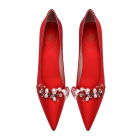 Eleganti Tacco A Spillo Vintage Con Perle A Fiori Cerimonia Autunno Scarpe Da Sera Con Tacco Medio Rosso Decollete Scarpe Raso