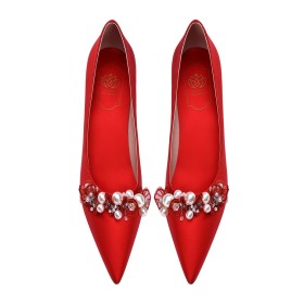 Mooie Naaldhakken Satijnen Pumps Vintage 7 cm Middelhoge Heels Rode Dames Schoenen Bruidsschoenen