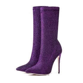 Fashion Purple Stretchy Boots 12 cm High Heels Ankle Boots Textile Stilettos Sparkly Sock Boots