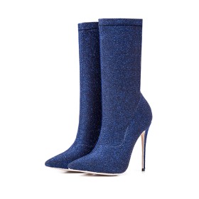 Pfennigabsatz Stiefeletten Sock Mit 12 cm High Heels Winter Ausgehen Textile Halbhohe Stiefel Mode Royalblau