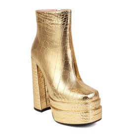 Gold Evening Party Shoes Block Heel Platform 15 cm High Heel Sparkly Booties Fashion Crocodile Printed