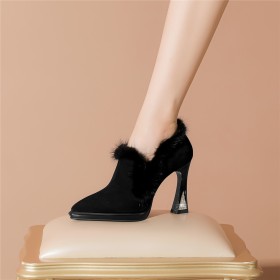 Business Casual Pointed Toe Suede High Heels Leather Shoes Shooties Beautiful Fashion Thick Heel