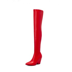 Patent Leather Block Heel 4 inch High Heeled Pointed Toe Tall Boot Over The Knee Boots Red Fashion Faux Leather Casual Sexy