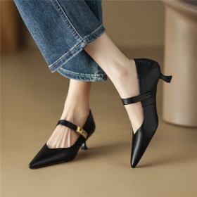 Ankle Strap 2 inch Low Heel Leather Stiletto Heels Pumps Kitten Heel