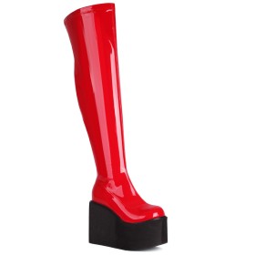 Patent Faux Leather Red Over The Knee Boots For Women Round Toe Tall Boot Comfort Platform