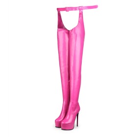 Fuchsia Platform Over Knee Boots 6 inch High Heeled Stilettos Faux Leather Winter