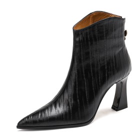 Thick Heel 8 cm High Heels Fur Lined Ankle Boots For Women Leather Elegant Striped