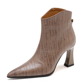 Elegante Taupe Stiefeletten Leder Lack Geprägt Blockabsatz Winter Mit Absatz Spitz 8 cm High Heel