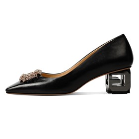 Talon Epais 2025 Habillé Chaussures Ceremonie Confortable Chaussures Pour Femmes Escarpin À Boucle Noir Élégant Bout Carré Talon Carré Petit Talon Cuir Grainé